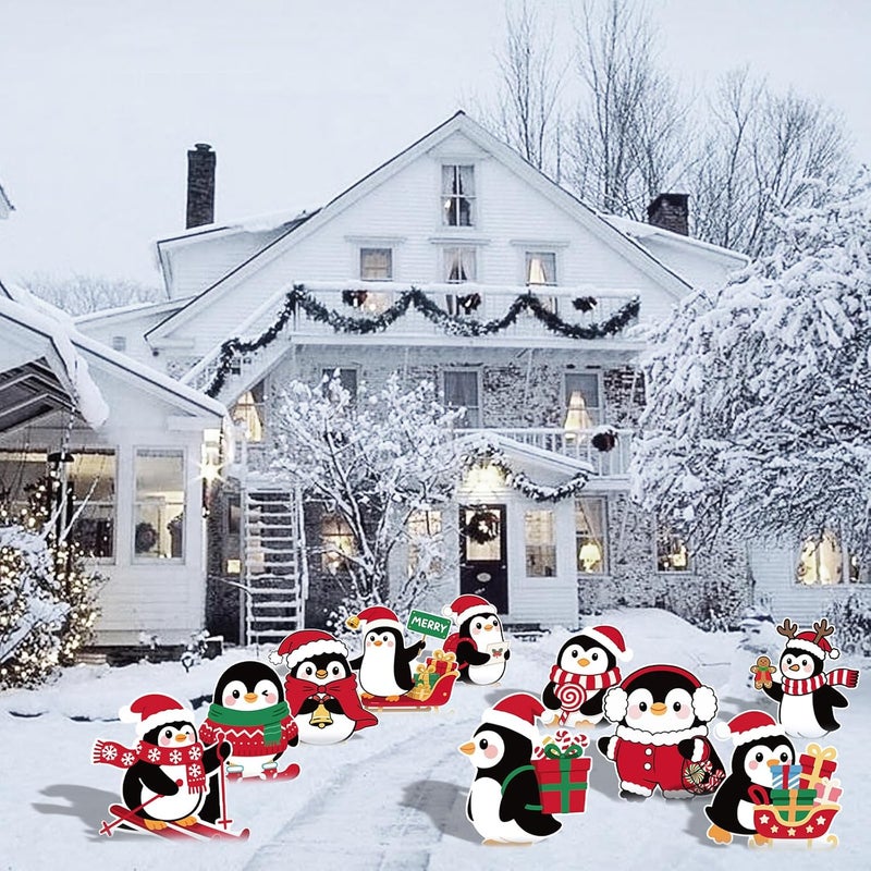 PhyLence 10-Piece Christmas Penguin Yard Signs with Stakes Decorations – 10 Assorted Designs 12 Inches Large Holiday Penguin Signs for Outdoor Garden and Lawn Winter Party Favor - Image 5